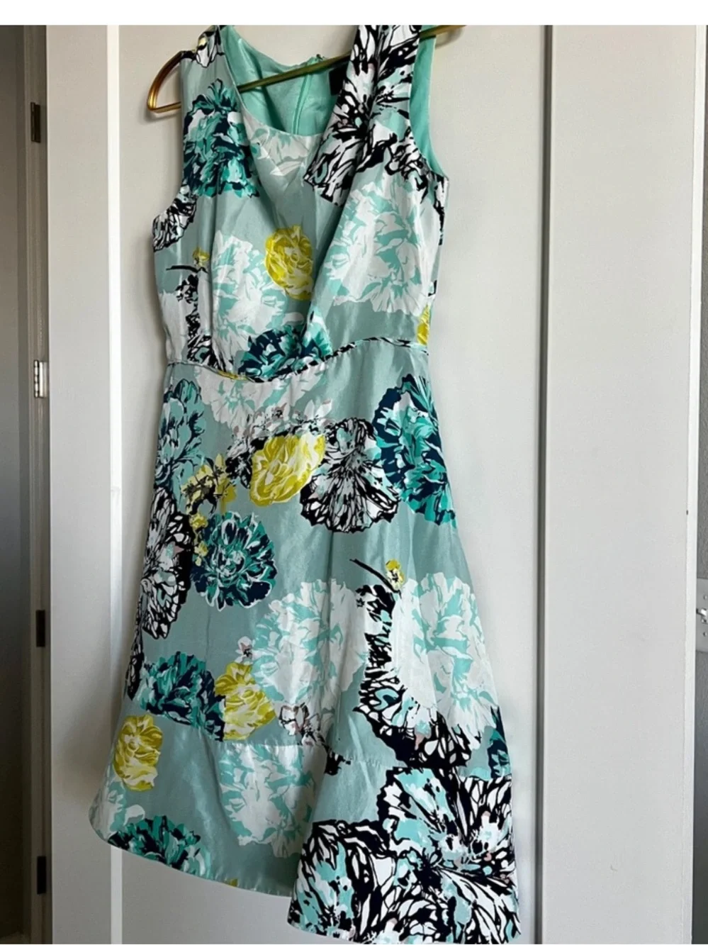 J.Crew 100% Silk Watercolor Floral A-Line Dress Blue Teal Yellow Sleeveless Sz 4